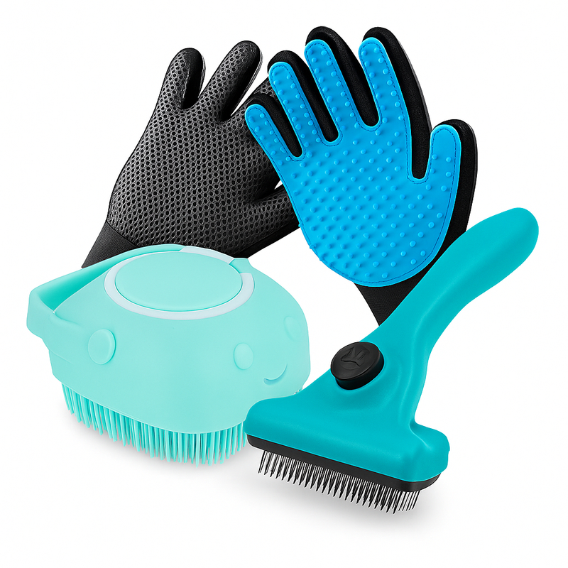 Kit Pet Luva Tira Pelos Nano + Escova lava Pet Silicone Dispenser + Pente Escova Removedora